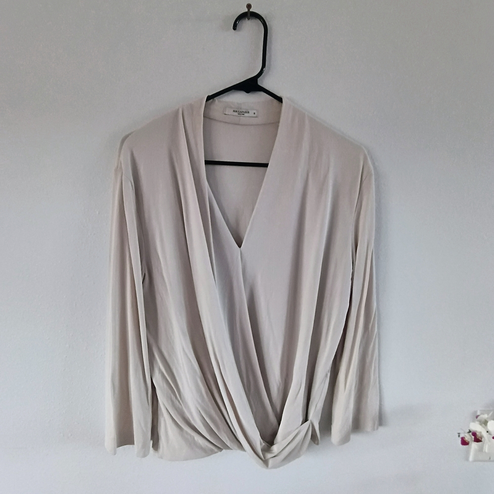 MM LaFleur Twist Front Top Medium Beige Long Sleeve Draped Blouse Stretch